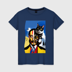 Женская футболка хлопок Salvador Dali and his cat - pop art  surrealism