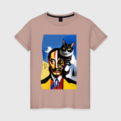 Salvador Dali and his cat - pop art  surrealism – Женская футболка хлопок с принтом купить со скидкой в -20%
