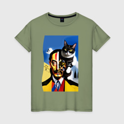 Женская футболка хлопок Salvador Dali and his cat - pop art  surrealism