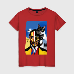 Salvador Dali and his cat - pop art  surrealism – Футболка из хлопка с принтом купить со скидкой в -20%