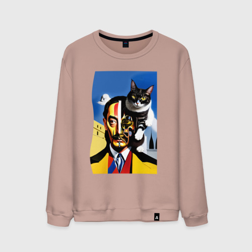 Мужской свитшот хлопок Salvador Dali and his cat - pop art  surrealism, цвет пыльно-розовый