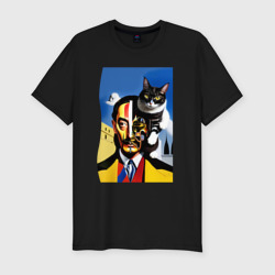 Мужская футболка хлопок Slim Salvador Dali and his cat - pop art  surrealism