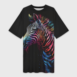 Платье-футболка 3D Разноцветная зебра на темном фоне