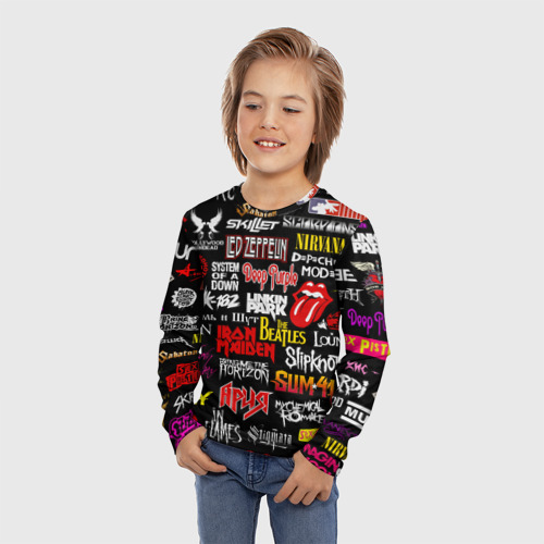 Детский лонгслив 3D с принтом Логотипы рок групп цветные, фото на моделе #1