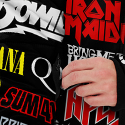 Куртка с принтом Логотипы рок групп цветные для мужчины, вид на модели спереди №3. Цвет основы: черный