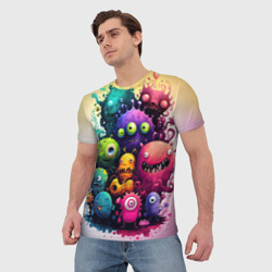 Мужская футболка 3D Веселые монстры из краски - фото 2