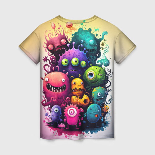 Женская футболка 3D с принтом Веселые монстры из краски, вид сзади #1