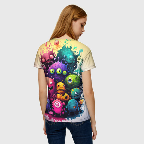 Женская футболка 3D с принтом Веселые монстры из краски, вид сзади #2