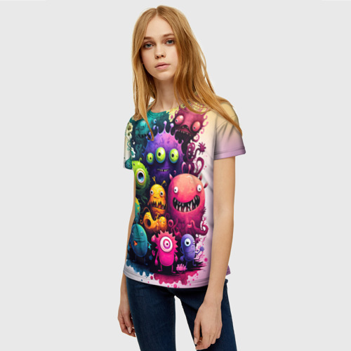 Женская футболка 3D с принтом Веселые монстры из краски, фото на моделе #1