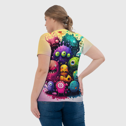 Женская футболка 3D с принтом Веселые монстры из краски, вид сзади #2