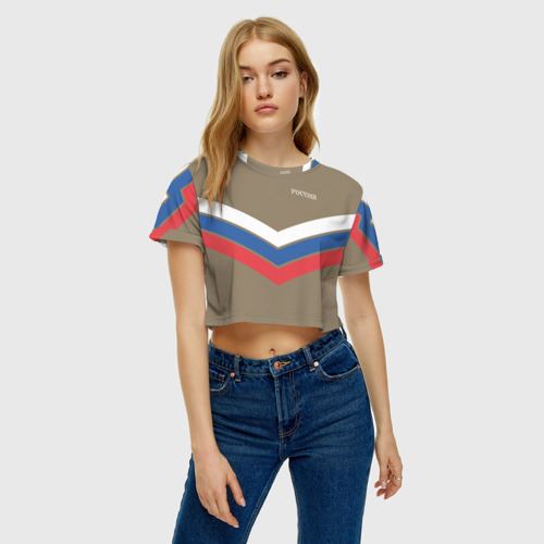 Женская футболка Crop-top 3D Триколор - три полосы на песочном, цвет 3D печать - фото 3