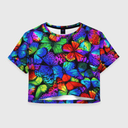 Женская футболка Crop-top 3D С голубыми бабочками - яркое лето
