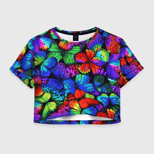 Женская футболка Crop-top 3D С голубыми бабочками - яркое лето, цвет 3D печать