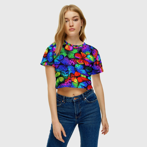 Женская футболка Crop-top 3D С голубыми бабочками - яркое лето, цвет 3D печать - фото 3
