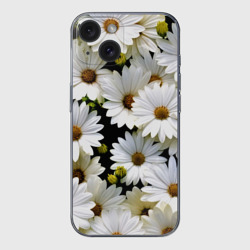 Чехол для iPhone 15 силиконовый с защитой камеры Белые цветы ромашки - летний паттерн