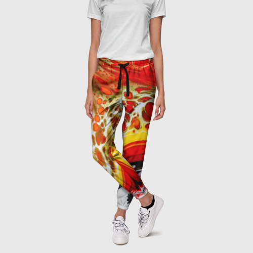 Женские брюки 3D Брызги краски - красные, оранжевые разводы, цвет 3D печать - фото 3