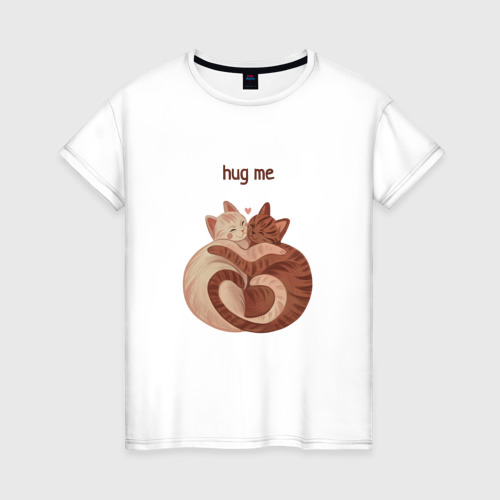 Женская футболка из хлопка с принтом Кошачья близость - hug me, вид спереди №1