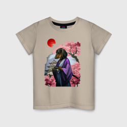 Детская футболка хлопок Такса-Самурай весенняя на фоне сакуры