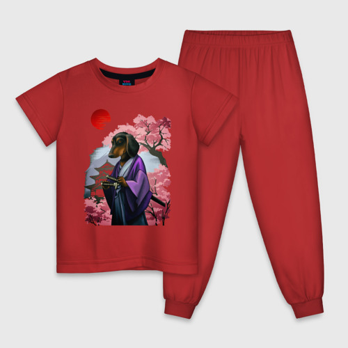 Детская пижама хлопок Такса-Самурай весенняя на фоне сакуры, цвет красный