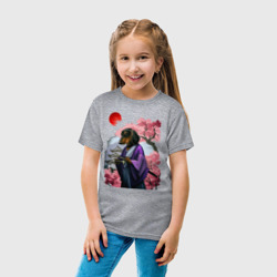 Детская футболка хлопок Такса-Самурай весенняя на фоне сакуры - фото 2