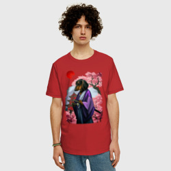 Мужская футболка хлопок Oversize Такса-Самурай весенняя на фоне сакуры - фото 2
