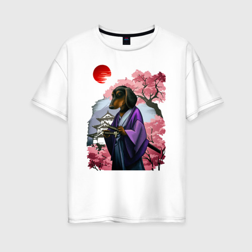 Женская футболка из хлопка оверсайз с принтом Такса-Самурай весенняя на фоне сакуры, вид спереди №1