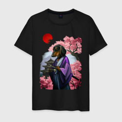 Мужская футболка хлопок Такса-Самурай весенняя на фоне сакуры