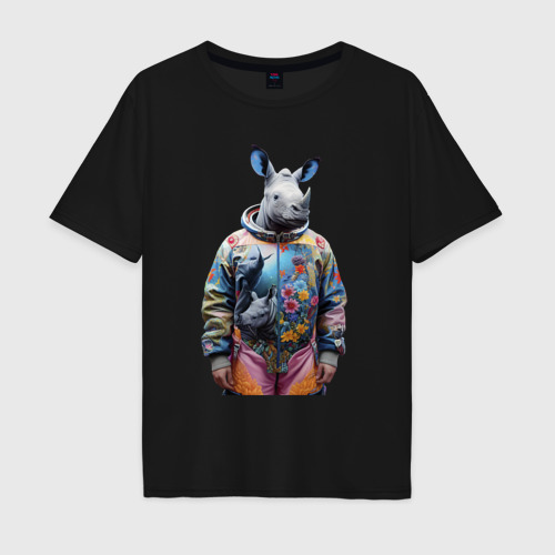 Мужская футболка хлопок Oversize с принтом Rhino in spacesuit, вид спереди #2