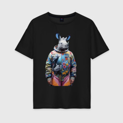 Женская футболка хлопок Oversize Rhino in fashionable spacesuit