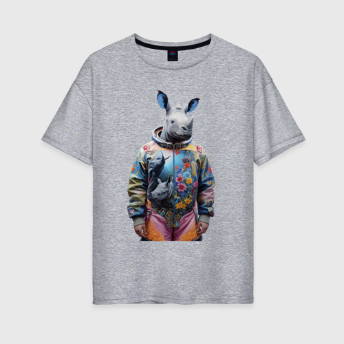 Женская футболка хлопок Oversize с принтом Rhino in spacesuit, вид спереди #2
