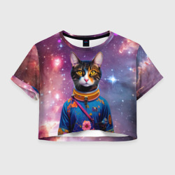 Женская футболка Crop-top 3D Кот цветочный космонавт на фоне звёздного неба - ai art