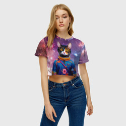 Женская футболка Crop-top 3D Кот цветочный космонавт на фоне звёздного неба - ai art - фото 2