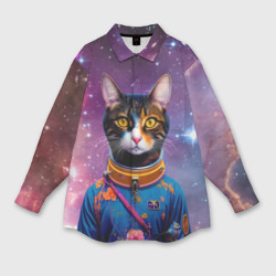 Женская рубашка oversize 3D Кот цветочный космонавт на фоне звёздного неба - ai art
