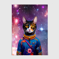 Постер Кот цветочный космонавт на фоне звёздного неба - ai art