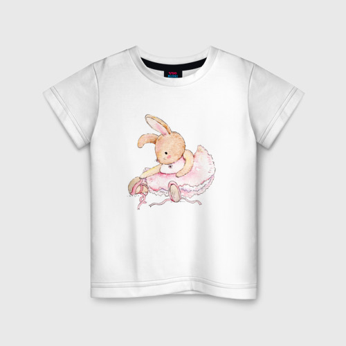 Детская футболка из хлопка с принтом Милое животное Банни балерина акварель, вид спереди №1