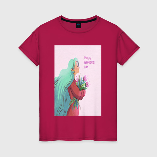 Женская футболка хлопок с принтом Девушка с цветами, вид спереди #2