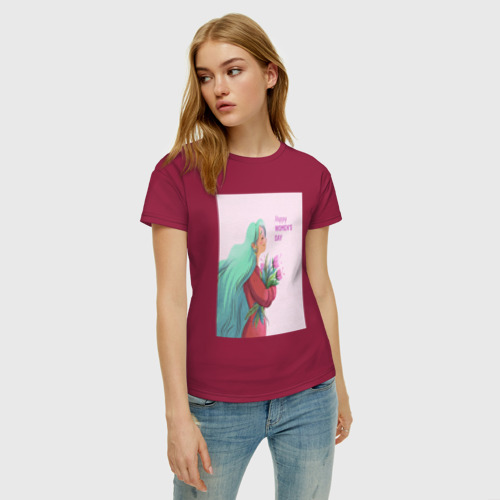 Женская футболка хлопок с принтом Девушка с цветами, фото на моделе #1