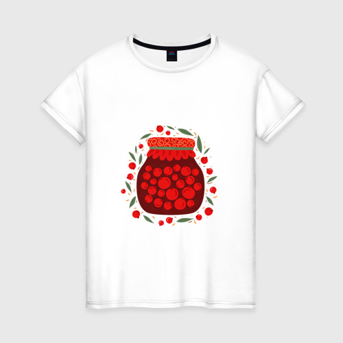 Женская футболка из хлопка с принтом Банка вишневого варенья, вид спереди №1