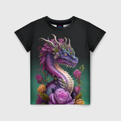 Детская футболка 3D Неоновый дракон с цветами
