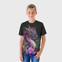 Детская футболка 3D Неоновый дракон с цветами - фото 2