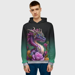 Мужская толстовка 3D Неоновый дракон с цветами - фото 2