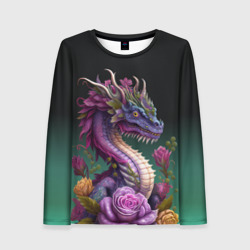 Женский лонгслив 3D Неоновый дракон с цветами