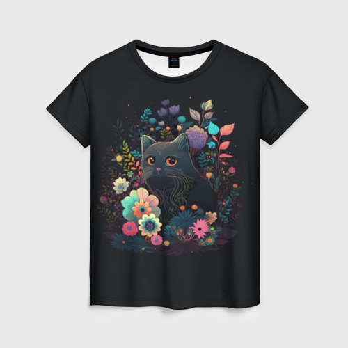 Женская футболка 3D с принтом Милый черный котик и цветы, вид спереди #2