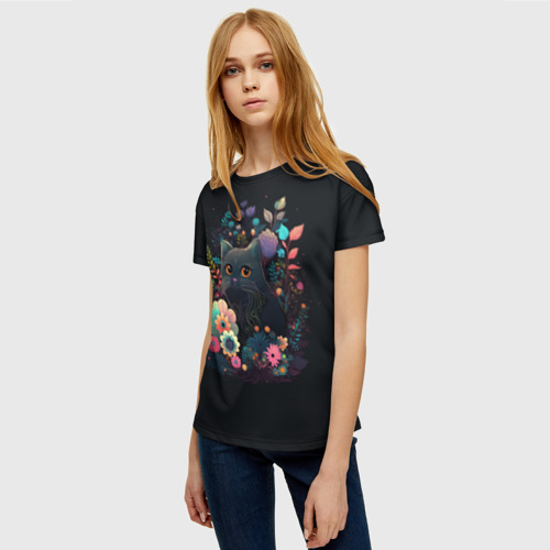 Женская футболка 3D с принтом Милый черный котик и цветы, фото на моделе #1