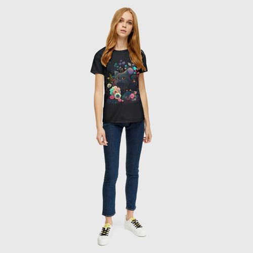 Женская футболка 3D с принтом Милый черный котик и цветы, вид сбоку #3