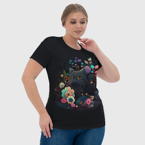 Женская футболка 3D с принтом Милый черный котик и цветы, фото #4