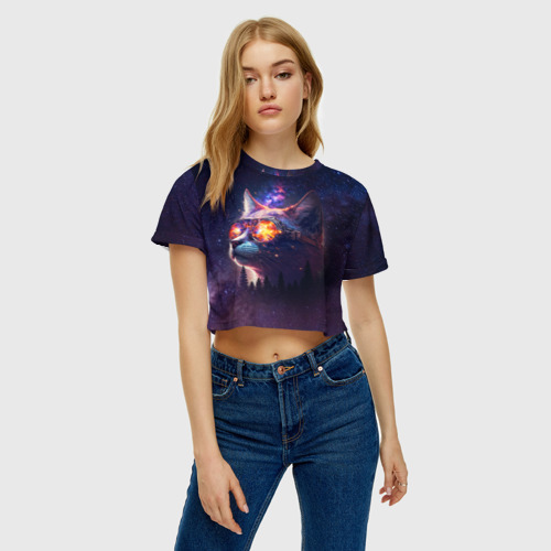 Женская футболка Crop-top 3D Кот в очках в космосе, цвет 3D печать - фото 3