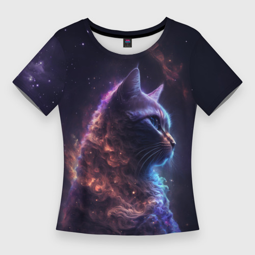 Женская приталенная футболка с принтом Кошка в космосе туманность, вид спереди №1