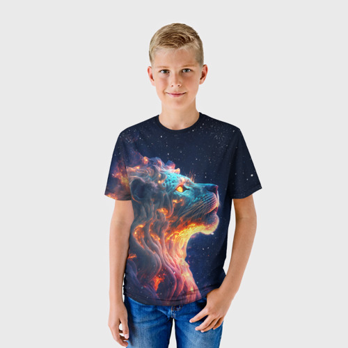Детская футболка 3D с принтом Космический звёздный лев, фото на моделе #1