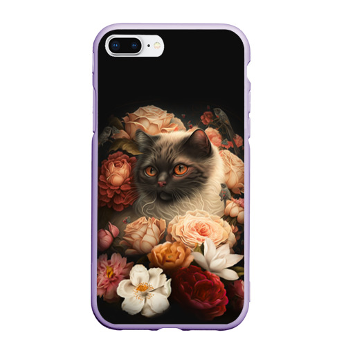 Чехол для iPhone 7Plus/8 Plus матовый с принтом Милый котик окружённый цветами, вид спереди #2